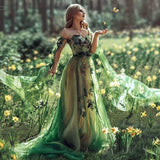 Dress Shoulder 2025 New Emerald Green Dress Ball Dress Floral Dress Princess Breeze