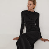 Women's Pure Color Waist Shrink Folding Long Sleeves Elegant Long Dress DJPT