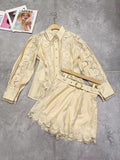New Temperament Hollow Embroidered Lantern Sleeve Tops Shorts With Belt Belt Waist