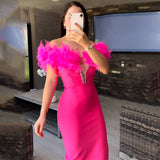 Women's Fashion Feathers Diamond Bandage Dress Party Elegant Temperament Dress Dress Dress