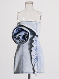 Sexy Hottie Wind 2025 Spring New Lotus Leaf Side Splicing Three-Dimensional Flowers Braided Denim Dress Woman