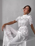 Collar Short-Sleeved Lace Top + Tight Waist Tie With Lace Spliced Wide Leg Trousers Set Woman