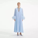 2024 New Round-Neck Heavy Industry Nail Nails And Fur Folding Process Horn Sleeve Long Dress