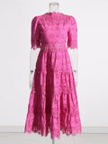 Fresh Sweet Wind 2025 Summer New Bubble Sleeve Lace Hollow Splicing Lace High Waist Dress