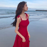 Holiday Red Sling Dress Women's Summer 2025 New Super Fairy Dress Sanya Travel Suitable For Beach Skirt
