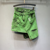 Women's Personality Double Row Waist Design Green Word Cowboy Skirt Asymmetric Skirt Summer Dress Tide DJPT