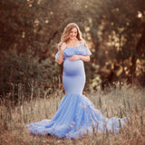 Women's Lace Pregnant Women Tailing Short-Sleeved Dress Photo Flying Sleeve Dress 1862 Maternity