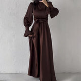 Long-Sleeved Lotus Leaf Cuffed Belt Waist-Repaired Penetted Joint Dress