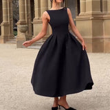 Women's Hepburn Style Solid Round-Neck Sleeveless Dress In Autumn 2024