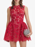 Elegant Style Lace Flower Sleeveless Short Dress 2025 New Round Neck Waist High-Waisted Dress Women's Summer