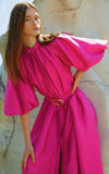 2024 New Collar Lantern Sleeve Single Buckle Belt To Collect Waist Long Dress Dress Woman