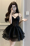 A line Spaghetti Straps Chiffon Black Holiday Dress Birthday Dresses Birthday Outfits SD1237