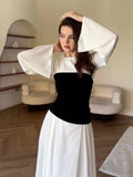 Autumn New Black And White Splicing Famous Design Feel Waist Thin Dress Dress Dress Dress Dress Dress Woman