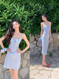 Mengling With A Sweet Blue Checkerge Dress 2025 Retro Square Collar Sexy Body Dress