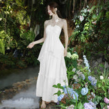 New Design High-Grade Tea Break French Gentle Wind Seaside Holiday Yellow Hanging Neck Dress