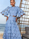 Spring And Summer Embroidery Hollow Round Horn Short Top + Holiday Water-Soluble Lace Skirt Dress Suit