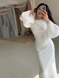 Solid Color Simple Pocket Sexy Bag Dress Long Sleeve Folds Elegant High-End Feel Dress