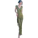 Turquoise V-Necked Back-Sin-Faced Jab Dress Dress Women's Summer Harvest Waist Thin Dress Dress Seaside Beach HZ0628