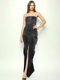 Girls Street-Wind Cowboys Breast-Clovy Dress 2025 Spring Vintage Personality Design Sense-Forked Long Dresses