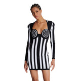 Stylish Black-And-White Striped Long-Sleeved Bag With A Bandage Dress With Elegant Party Dress