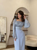 Square Collar Splicing Folded Silk Light Sweet Solid Color Horn Sleeve Bag Hip Dress