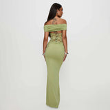 Women's Spring And Summer New Solid Color Open Shoulder Splicing Lace Super Long Dress Woman DJPT