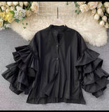 Shirt Women Wish Multi-Layer Lotus Side Horn Sleeve Shirt Loose Set Small Collar Top DJPT