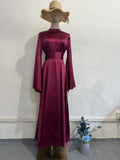 2024 New Large Swing Sleeves To Close The Waist Thin Solid Color Long Sleeve Design Feel Dress