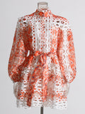 Bohemian 2025 Summer New Neck Lantern Sleeves With Hollow Print Dress Woman