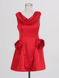 Summer New Round Neckless Design High-Waist Three-Dimensional Flowers Spliced Solid Color French Retro Short Skirt Woman