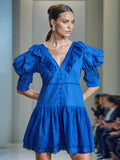 Romantic Court Style 2025 Spring New Fashion V-Necked Sleeve Lace Laminated Short Dress Woman