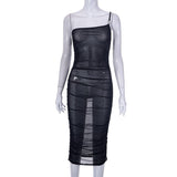 Women's Summer New Netɴ Perspective Shoulder Sleeveless Sexy Spice Girl Dress DJPT
