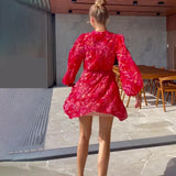 V-Neck Print Lantern Sleeve Chiffon High-Waisted Dress In Autumn 2024