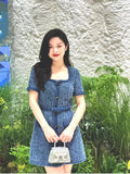Famous And Niche Design Square Dress 2024 Summer Temperament Beautiful Denim Blue Coarse Flower Dress