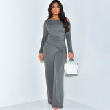 Women Solid Color Collar Shrink Fold Irregular Top Hanging Trousers Set DJPT