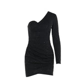 Fall 2025 New Sexy Single Shoulder Long Sleeves Fold-Inflash-Bag Dress Woman DJPT