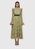 French Retro Elegant Style Embroidery Dress Collared Cardigan High-Waist A-Shaped Dress