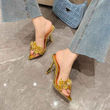 Toes 2024 Summer New Flower Decoration Sharp Head Heel With Silver Slippers High Quality Shoes