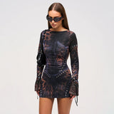 Women's Fashion Positioning Print Long-Sleeved Ass Short Skirt DJPT