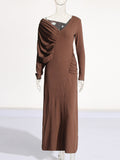 Comfort Elegance Wind 2025 Summer New V-Neck Long Sleeves Folded Asymmetric Design Dress