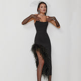 Open Fork Bra Feather Bandage Repair Body Elastic Party Mid-Long Dress Dress Dress
