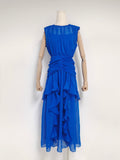 Autumn New Chiffon Printing Round Neckless Waist Design Lotus Leaf Side Long Dress