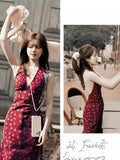 Luth's Same Red V-Neck Broken Flower Hanging Neck Sling Dress In The Middle And Long Summer Holiday Style Dress