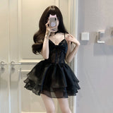 A line Spaghetti Straps Chiffon Black Holiday Dress Birthday Dresses Birthday Outfits SD1237