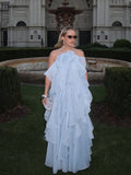 Style Elegant Dress 2025 Summer New Hanging Neck Sleeveless Back Design Lotus Leaf Side Dress Solid Color Woman