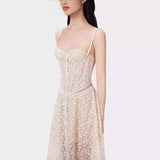 2025 Summer Lace Splicing Hollow Open Fork Slings Tsets Dress Woman