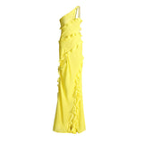 Temperament Holiday Dress Dress Women's Dress 2025 Spring New Slant Shoulder Splicing Wooden Ear Open Skirt Dress Woman