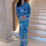 Women's Autumn V-Neck Lantern Sleeve Long-Sleeved High-Rise Fashion-Print Long Dress