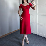 Women's Summer Collar Bubble Sleeve With High Waist Repair Fork Sexy Long Dress