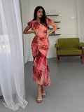 Thin Waist-Waisted French-Style Printed Bag Of Hip-Leaf Fishtail Dress
